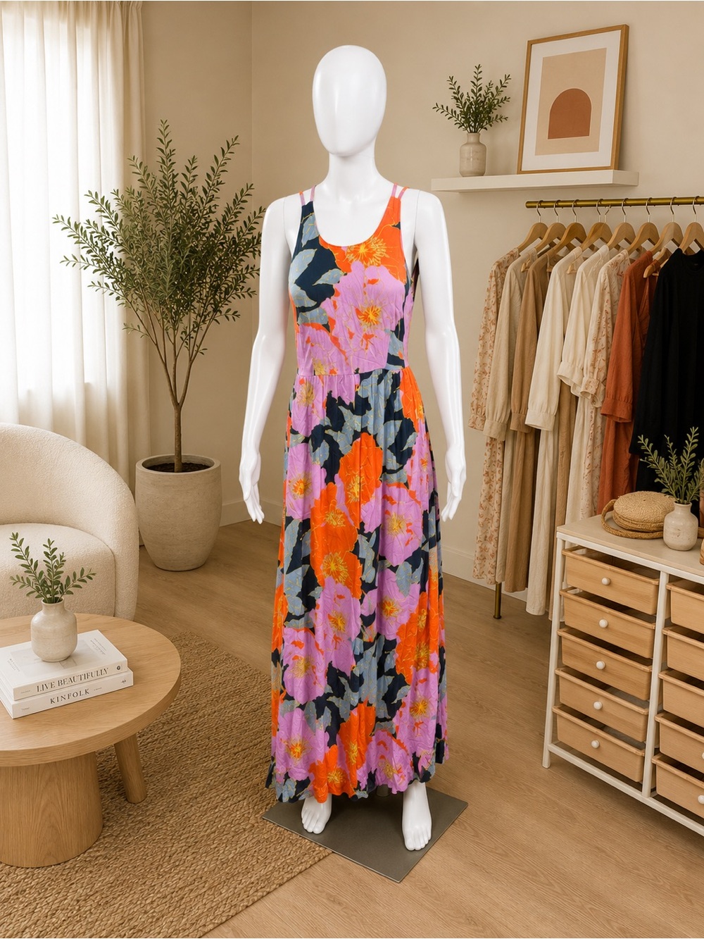 LOFT Floral Maxi Dress in Black, Orange, Pink